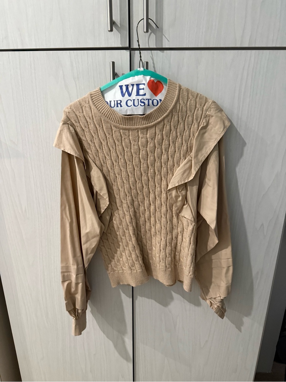 Avantlook Beige Cable Knit Ruffle-Sleeve Sweater